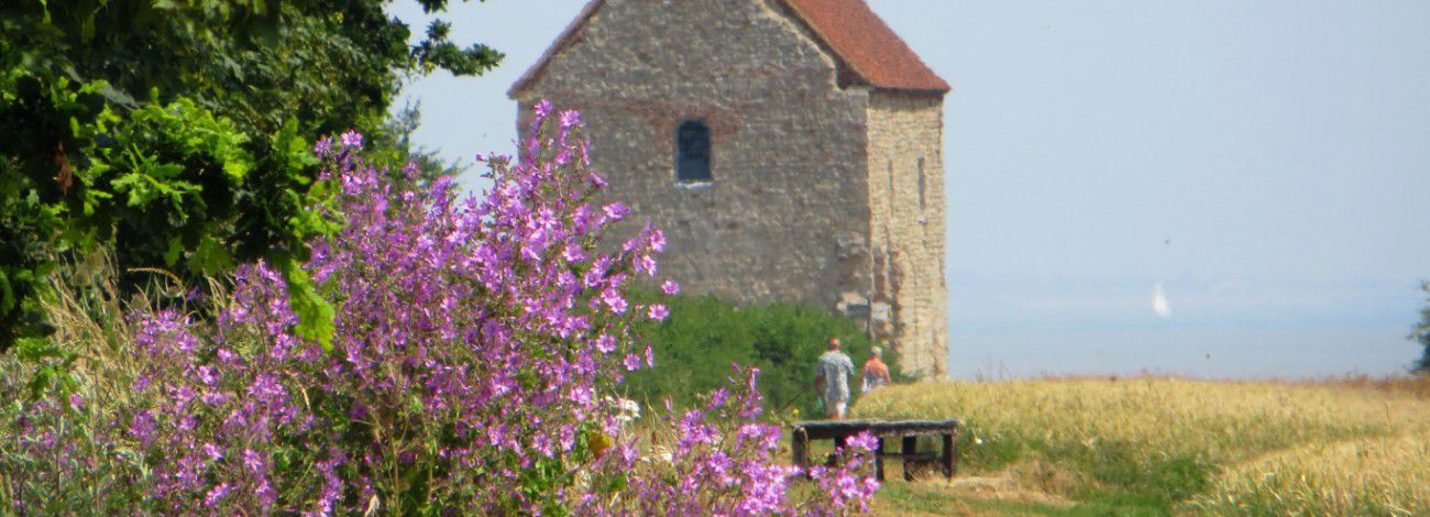 The view of Bradwell Chapel from the main path